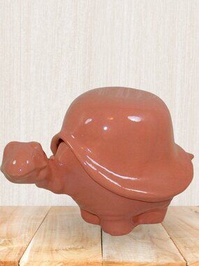 Handmade Ceramic Turtle Treasure Box, Lidded Trinket Dish, Glossy Peach Finish